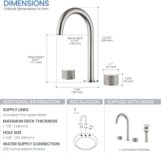 2-Handle 8" Widespread Bathroom Sink Faucet with Drain Assembly, Solid Brass 3-Hole Lavatory Faucet | Circular X Design | Corrosion-Resistant with Smooth Water Flow (Brushed Nickel, KBF1026)