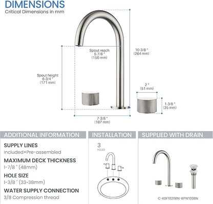 2-Handle 8" Widespread Bathroom Sink Faucet with Drain Assembly, Solid Brass 3-Hole Lavatory Faucet | Circular X Design | Corrosion-Resistant with Smooth Water Flow (Brushed Nickel, KBF1026)