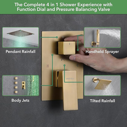 VANFOXLE Shower Faucet Set Brushed Rose Gold Shower System,Shower Faucet with 2 in 1 Handheld,Ceiling Mount 16 Inch LED Shower Head+6 Inch Shower Head(Rough-in Valve Body and Trim)