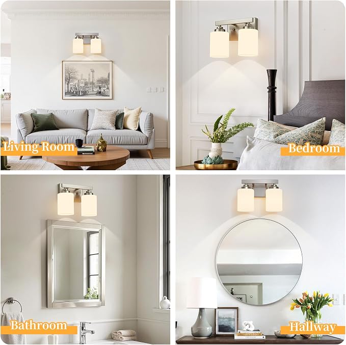 Bathroom Light Fixtures, Vanity Light Over Mirror Nickel 2-Light Fixture | Modern bathroom vanity light fixture with metal frame, ideal for mirrors, bedrooms and hallways. Fits E26 bulbs.