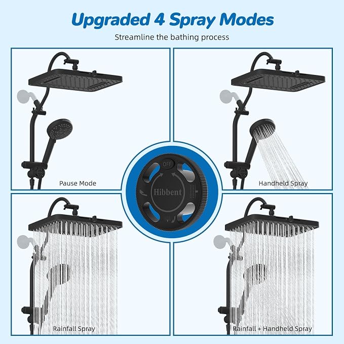 Hibbent cUPC Certified High Pressue 13'' Rainfall Shower Head with 5-Spray | Shower Heads with Handheld 10-Spray Combo, All Metal Easy Reach 4-way Diverter Arm, 71'' Hose & Holder, Matte Black