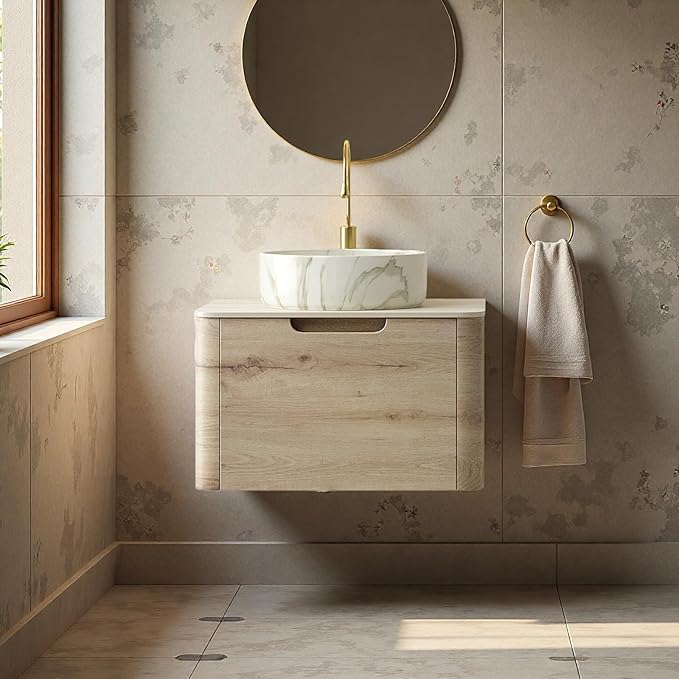 Bathroom Vanity with Sink, 24" Wall-Mounted Bathroom Storage Cabinet with Round Ceramic Basin & Soft-Close Undermount Drawer, Modern Pre-assembled Floating Vanity with Curved Design, White Oak