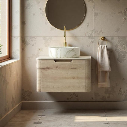 Bathroom Vanity with Sink, 24" Wall-Mounted Bathroom Storage Cabinet with Round Ceramic Basin & Soft-Close Undermount Drawer, Modern Pre-assembled Floating Vanity with Curved Design, White Oak