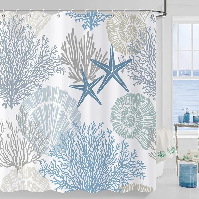 Nautical Coastal Shower Curtain, Blue Ocean Beach Seashell Starfish Themed Bathroom Curtain Waterproof Fabric Machine Washable with Hooks, 72" Wx72 L