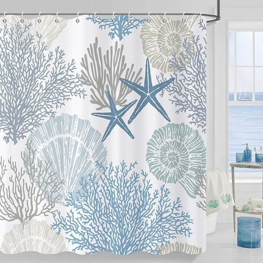 Nautical Coastal Shower Curtain, Blue Ocean Beach Seashell Starfish Themed Bathroom Curtain Waterproof Fabric Machine Washable with Hooks, 72" Wx84 L