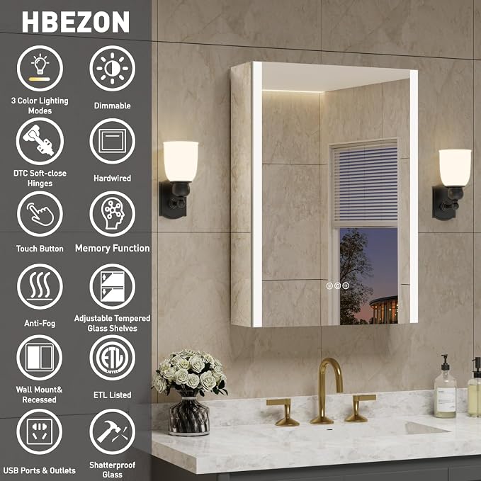 16 x 24 Inch Medicine Cabinet with Mirror and LED Light for Bathroom | Recessed, Wall-Mounted, Dimmable, Anti-Fog, Memory Function, 3 Color Mode, Outlet&USB, Adjustable Shelf, ETL Listed, Aluminum