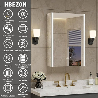 16 x 24 Inch Medicine Cabinet with Mirror and LED Light for Bathroom | Recessed, Wall-Mounted, Dimmable, Anti-Fog, Memory Function, 3 Color Mode, Outlet&USB, Adjustable Shelf, ETL Listed, Aluminum