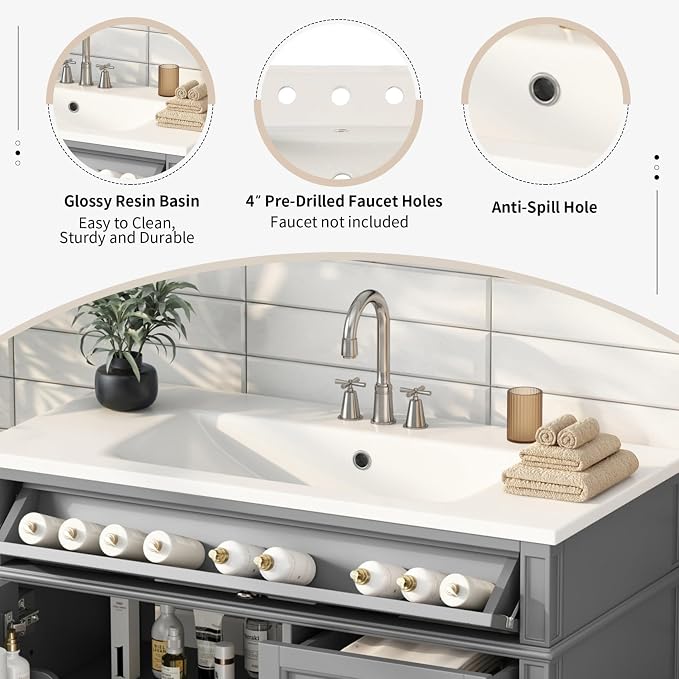 36'' Bathroom Vanity with Top Single Resin Sink Countertop, Solid Wood Frame Modern Storage Cabinet, Tip-Out Drawer, Soft Closing Doors, Grey