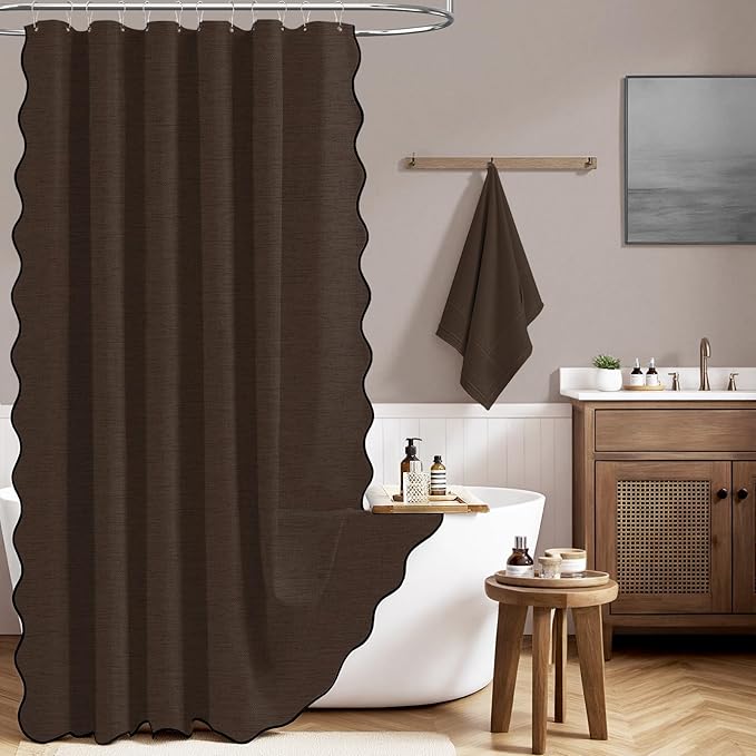 BTTN 72x84 Shower Curtain, Extra Long Scalloped Linen Textured Boho Fancy Cloth Shower Curtain Set with Hooks, Large Unique Elegant Decorative Waterproof Fabric Shower Curtains for Bathroom, Brown