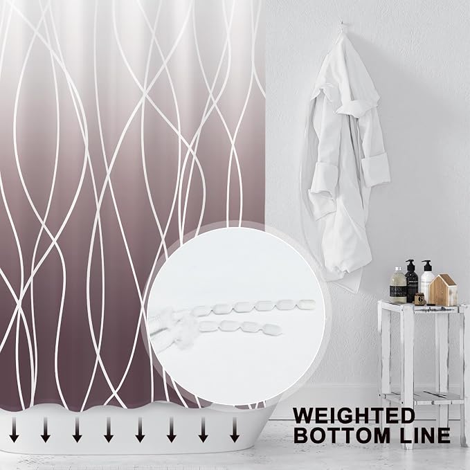 Striped Shower Curtain for Bathroom, Burgundy, 72" W x 72" L | with Hooks, Modern Hotel Style, Water Repellent, Washable, Weighted Hem