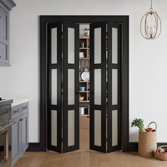 Bifold Doors for 48" x 80" Opening,Tempered Frosted Glass,Black | Closet Folding Doors with Hardware kit Included, Easy Assembly for Pantry Closet,Water-Proof PVC Surface