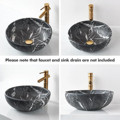 Vessel Sink Round 16 Inch Bathroom Sink, Counter Top Black+ White Marble Color Cloakroom Porcelain Ceramic Vessel Vanity Sinks Art Basin for Bathroom