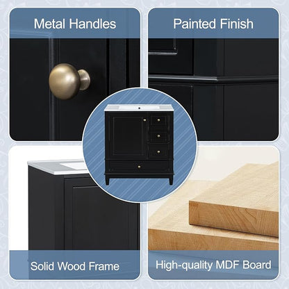 Bathroom Vanity with Ceramic Sink 30 Inch, Cabinet with One Door and Three Drawers, Soft-Closing Door, Solid Wood Legs, Black