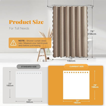 BTTN 78 Inch Shower Curtain, Long Scalloped Boho Linen Textured Thick Cloth Shower Curtain Set with 12 Hooks, Tall Vintage Rustic Country Waterproof Fabric Shower Curtain for Bathtub, 72x78, Tan/Taupe