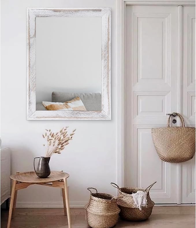 AAZZKANG Mirrors for Wall Rustic Wood Framed Hanging Mirror 28"x20" Decorative for Farmhouse Bedroom Bathroom Living Room Entryway Hallway White