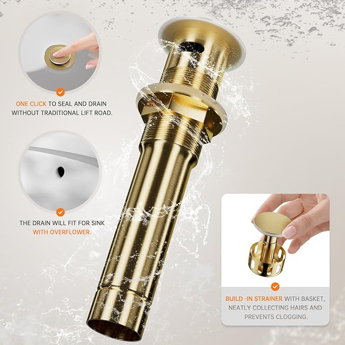 Phiestina Brushed Gold Farmhouse Rotatable Bathroom Faucet - 8 Inch Widespread 3-Hole with Pull-Out Sprayer, Lead-Free Stainless Steel, Metal Pop-Up Drain, Water Supply Lines, 2 Handles,WFJC180CL-BG