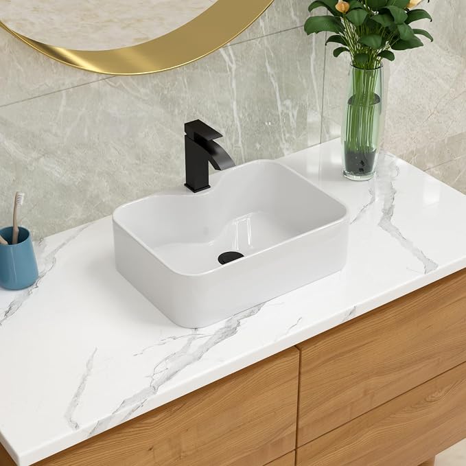 Lordear Bathroom Vessel Sink 19"x15" Rectangle Sink Above Counter White Porcelain Ceramic Modern Vanity Sinks Art Basin with Faucet Hole Black Faucet and Black Pop-Up Drain for Bathroom