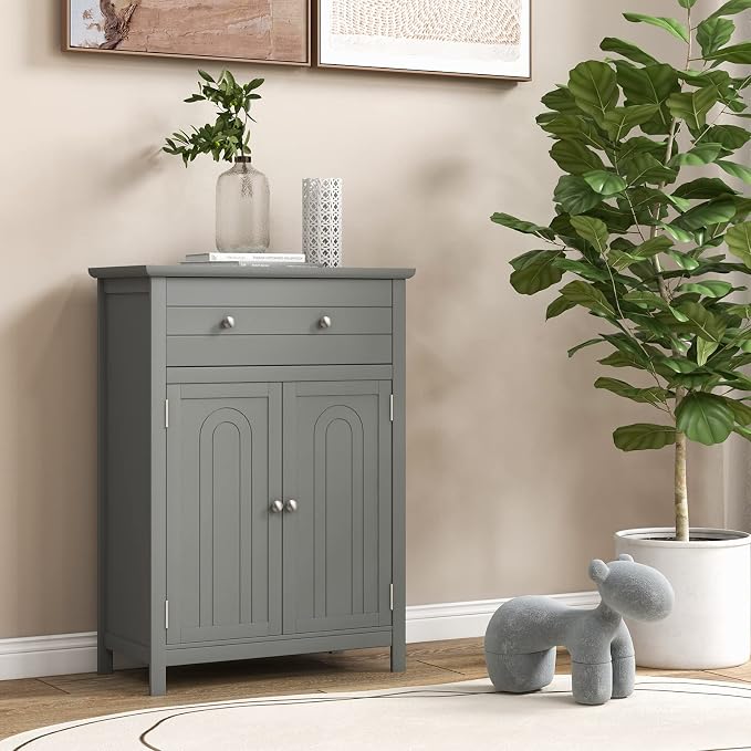 Giantex Bathroom Storage Cabinet with Drawer - Floor Cabinet with Doors, Adjustable Shelf, Storage Organizer for Entryway, Laundry Room, Kitchen, Living Room, Bedroom, Freestanding Cupboard (Gray)