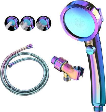 KAIYING High Pressure Handheld Shower Head with ON/OFF Switch, 3 Spray Modes, Adjustable Angle Bracket, Radiant Rainbow | 3 Spray Modes Shower Wand with Shut Off Button, Camper & RV Showerhead with Hose & Angle Adjustable Holder, Radiant Rainbow
