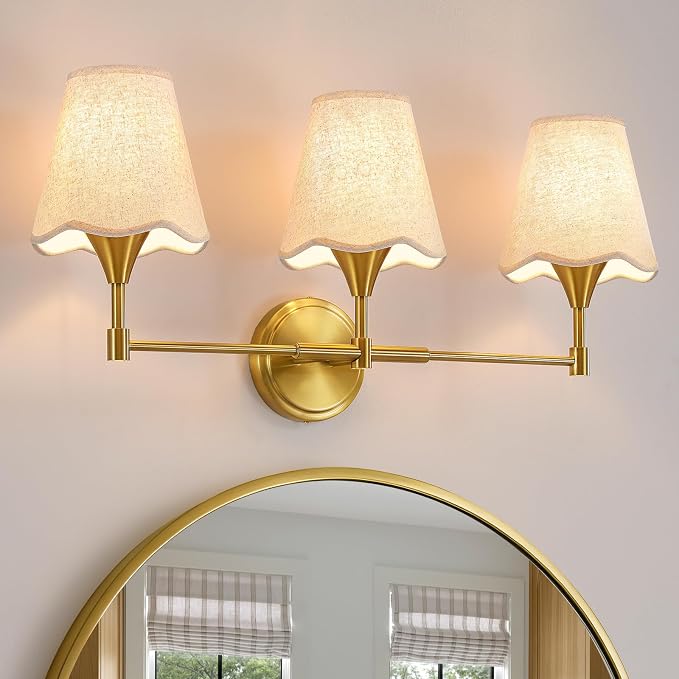 Gold Bathroom Vanity Light Fixtures: 3 Light Vanity Lighting Fixtures with Flared Fabric Shade, Brushed Gold Bathroom Lighting Fixture over Mirror, Wall Sconce Lights for Bedroom Hallway Living Room