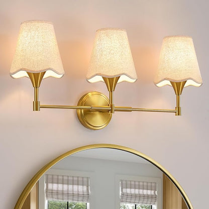 Gold Bathroom Vanity Light Fixtures: 3 Light Vanity Lighting Fixtures with Flared Fabric Shade, Brushed Gold Bathroom Lighting Fixture over Mirror, Wall Sconce Lights for Bedroom Hallway Living Room
