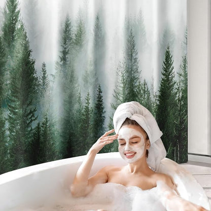 ORTIGIA Green Shower Curtain for Bathroom Misty Forest Pattern, Nature Woodland Artistic Shower Curtain Set with Metal Hooks, Waterproof Weighted Pine Tree Fog Bath Curtain, 72x72