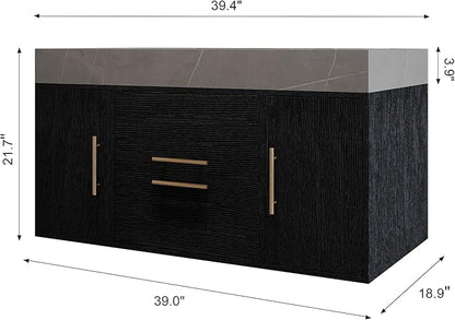 40 inch Modern Floating Bathroom Vanity with Sink, Wall Mounted Bathroom Cabinet with Ceramic Sink, Grey Sintered Stone Countertop, 2 Soft Closing Drawers & 2 Storage Cabinet, Gold Handle, Black