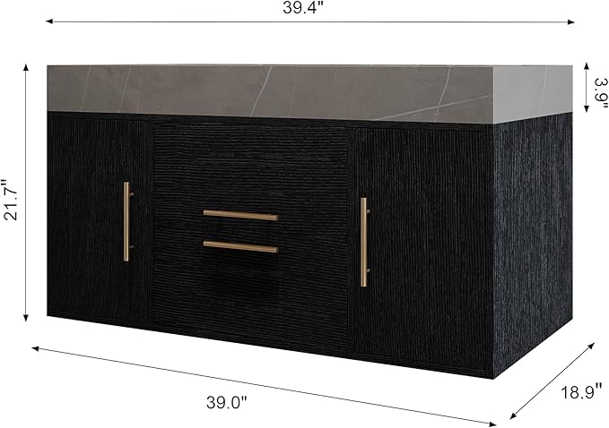 40" Bathroom Vanity with Sink Set, Modern Wall Mounted Bathroom Vanity Cabinet with Ceramic Sink,Gold Handle 2 Drawers&2 Storage Cabinets, Single Sink Floating Bathroom Vanity, Black Grey