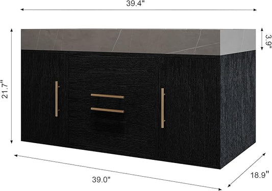 40" Bathroom Vanity with Sink Set, Modern Wall Mounted Bathroom Vanity Cabinet with Ceramic Sink,Gold Handle 2 Drawers&2 Storage Cabinets, Single Sink Floating Bathroom Vanity, Black Grey