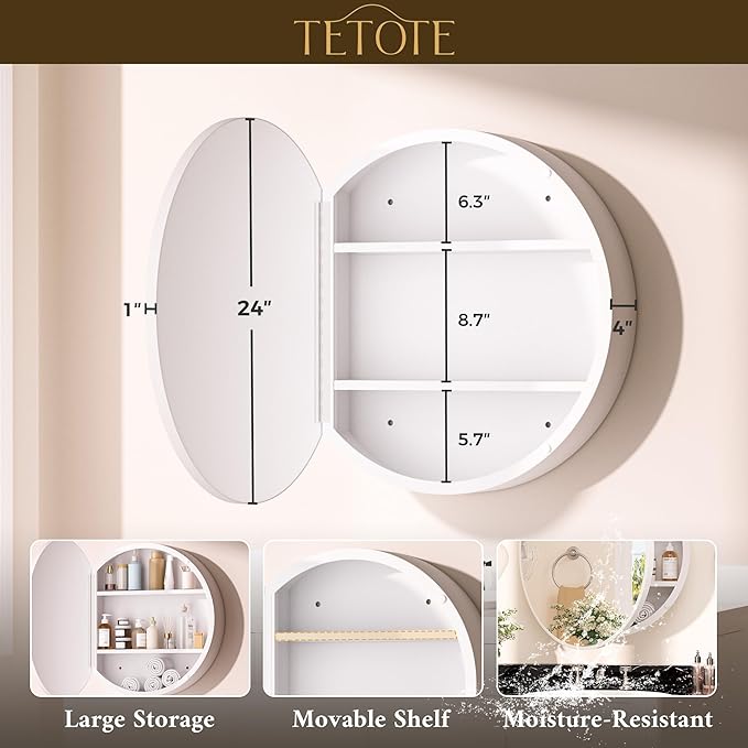 TETOTE 24 x 24 Inch Medicine Cabinet Mirror White Framed Round Mirrored Medicine Cabinets for Bathroom Adjustable Shelves Modern Bathroom Mirror with Storage Wall Mounted