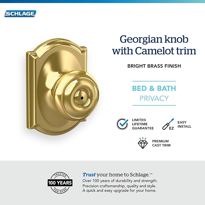 SCHLAGE F40 GEO 605 CAM Camelot Collection Georgian Privacy Knob, Bright Brass