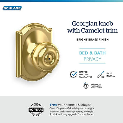 SCHLAGE F40 GEO 605 CAM Camelot Collection Georgian Privacy Knob, Bright Brass