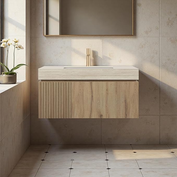 36" Bathroom Vanity with Sink, Wall-Mounted Plywood Bathroom Storage Cabinet with Ceramic Basin & Sintered Stone Countertop, Modern Pre-Assembled Floating Vanity with Drawer & Door, Oak