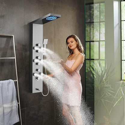 ROVOGO LED Shower Panel Tower System - Use 5 Functions at Once: Rainfall, Mist, Handheld, Body Jets and Tub Spout, Shower Column with Lights, Stainless Steel Brushed