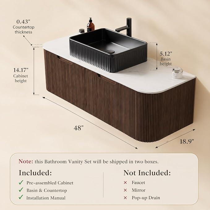 48 Inch Bathroom Vanity with Sink, Floating Wall Mounted Single Sink Vanity, Dark Walnut Curved Fluted Front, Stone Top, Black Textured Rectangular Vessel Basin, Pre-Assembled