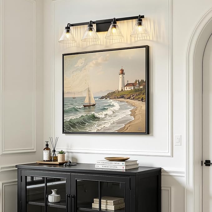 AIJIASI 4-Light Bathroom Light Fixtures 34 Inch Matte Black Vanity Lights for Bathroom with Ribbed Glass Shade Modern Bath Vanity Lighting Fixtures Wall Sconce