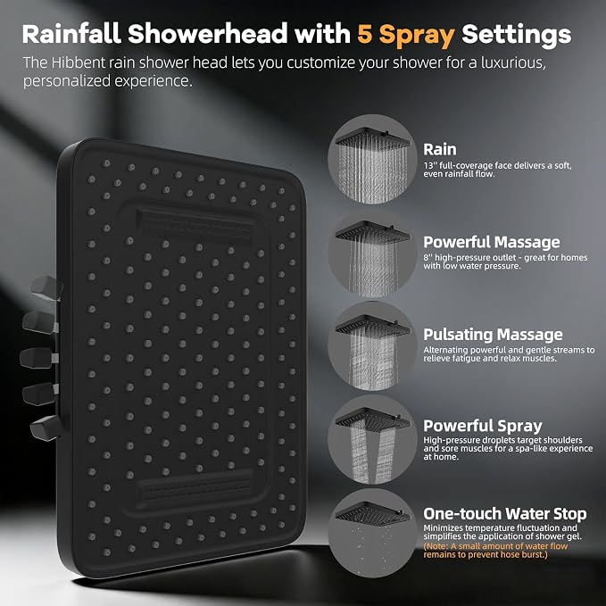 Hibbent 13" Filtered Shower Head & Filtered 10-Mode Handheld Combo, Black | High Pressure 5-Spray Showerhead, 4-way Diverter, Heightened All Metal Extension Arm, 3 Filter Cartridges, Easy Reach