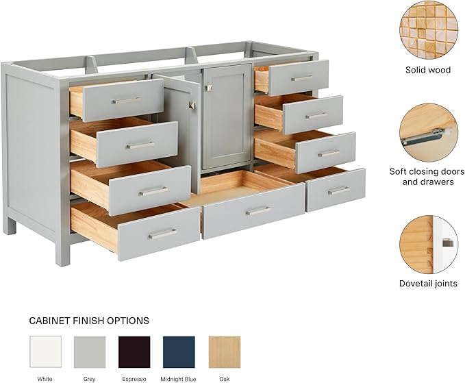 ARIEL Cambridge 66-inch Bathroom Vanity Base Cabinet,Solid Wood, 2 Soft Closing Doors, 9 Dovetail Drawers, Grey