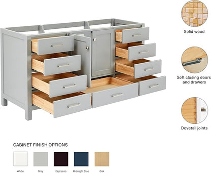 ARIEL Cambridge 66-inch Bathroom Vanity Base Cabinet,Solid Wood, 2 Soft Closing Doors, 9 Dovetail Drawers, Grey
