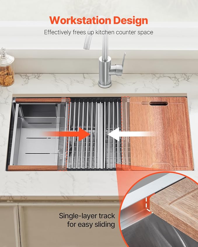 VEVOR 33 inch Kitchen Double Sink, 304 Stainless Steel Undermount Sink Drop-In Single Bowl Farmhouse Basin with Ledge & Multiple Accessories, Household Dishwasher Sinks for Prep Kitchen, Bar 33"*19"