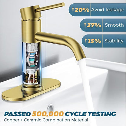 FORIOUS Gold Bathroom Faucets 1 Hole, Stainless Steel Bathroom Sink Faucet with Metal Pop up Drain and Supply Hose, Suitable for Vanity Lavatory Restroom Remodel