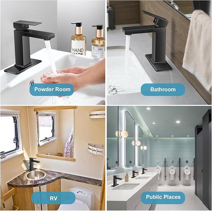 Bathroom Faucet 1 Hole Black Single Hole Bathroom Faucet Single Handle Faucet for Bathroom Sink Vanity RV (with Pop-up Drain and Deck) Suitable for 1 Hole or 3 Hole