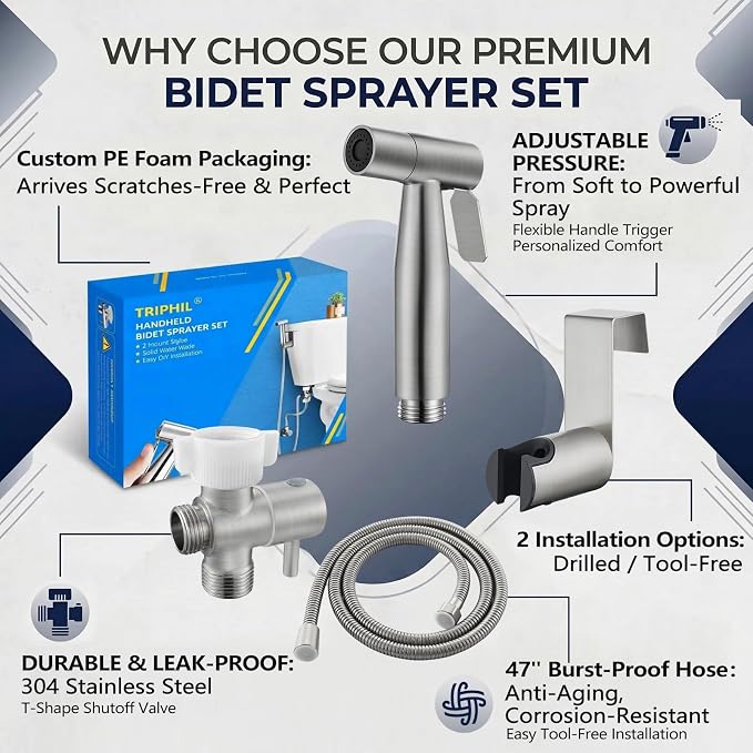 TRIPHIL Handheld Bidet Sprayer for Toilet, Adjustable Water Pressure Jet Bidet Attachment with Leak-Proof 304 Stainless Steel T-valve for Bathroom Cleaning, Cloth Diaper/Feminine Wash, Brushed Nickel
