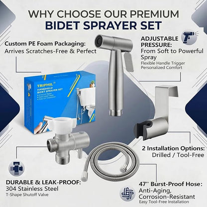 TRIPHIL Handheld Bidet Sprayer for Toilet, Adjustable Water Pressure Jet Bidet Attachment with Leak-Proof 304 Stainless Steel T-valve for Bathroom Cleaning, Cloth Diaper/Feminine Wash, Brushed Nickel