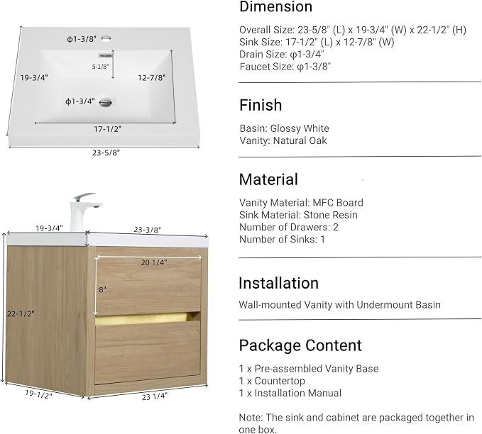 24" Floating Bathroom Vanity with Sink, Wall-Mounted Bathroom Storage Vanity Cabinet with Resin Top Basin and Soft Close Drawers, Fully Assembled, Natural Oak