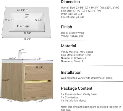 24" Floating Bathroom Vanity with Sink, Wall-Mounted Bathroom Storage Vanity Cabinet with Resin Top Basin and Soft Close Drawers, Fully Assembled, Natural Oak