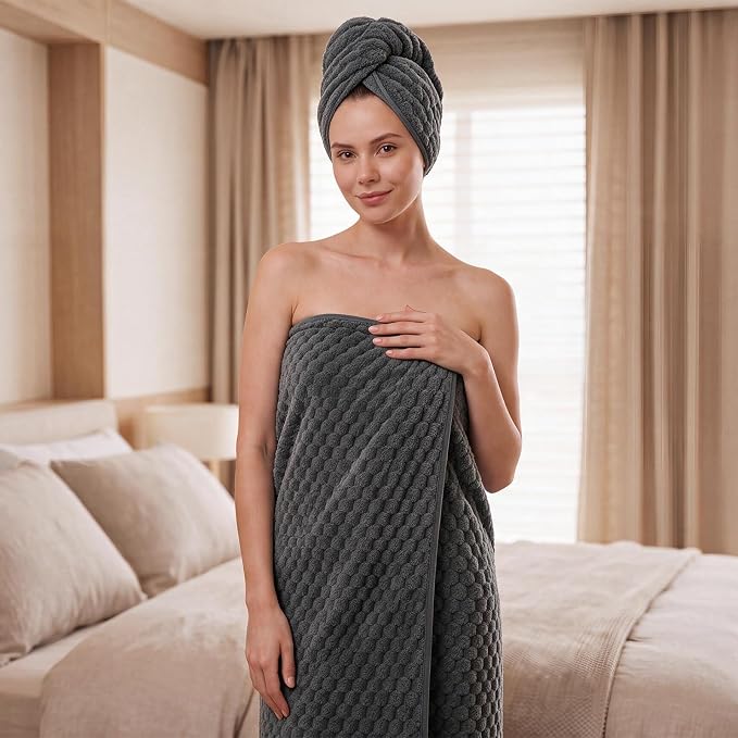 REDKISS Charcoal Gray Microfiber Bath Towels Lagre, 30“x60”, 2 Pack | Super Absorbent, Quick Dry, Super Soft, Lint Free, Fluffy Towel for Bathroom, Spa, Gym, Travel, Dorm, Ideal Everyday Use