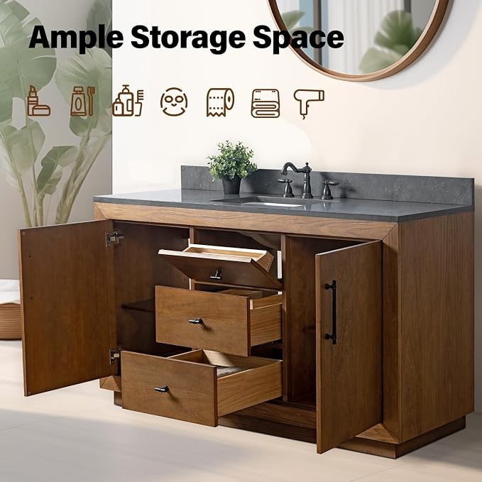 Vanity Art 60 inch Bathroom Vanity with Single Sink, Modern Wood Bath Vanity with Black Carrara Marble Top, Vanity Cabinet with Doors， Removable Shelf, Solid Wood Frame, Tan, VA7060B