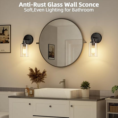 GORDNWE Bathroom Wall Sconce Set of 2, Matte Black Vanity Light Fixtures | E26 Bulb Base, Clear Glass Shade, Modern Wall Light Fixture for Mirror, Bedroom, Wall Lamp, Wall Mount Light Fixtures