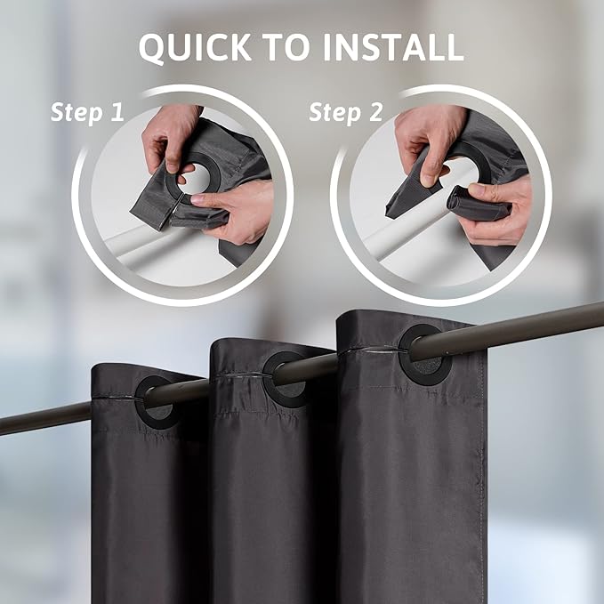 Furlinic Extra Wide No Hook Shower Curtain,96 Inch Width Dark Grey Fabric Shower Curtains with 12 Plastic Built-in Hooks,Waterproof & Machine Washable Hotel Style for Bathroom,96x72 Inch